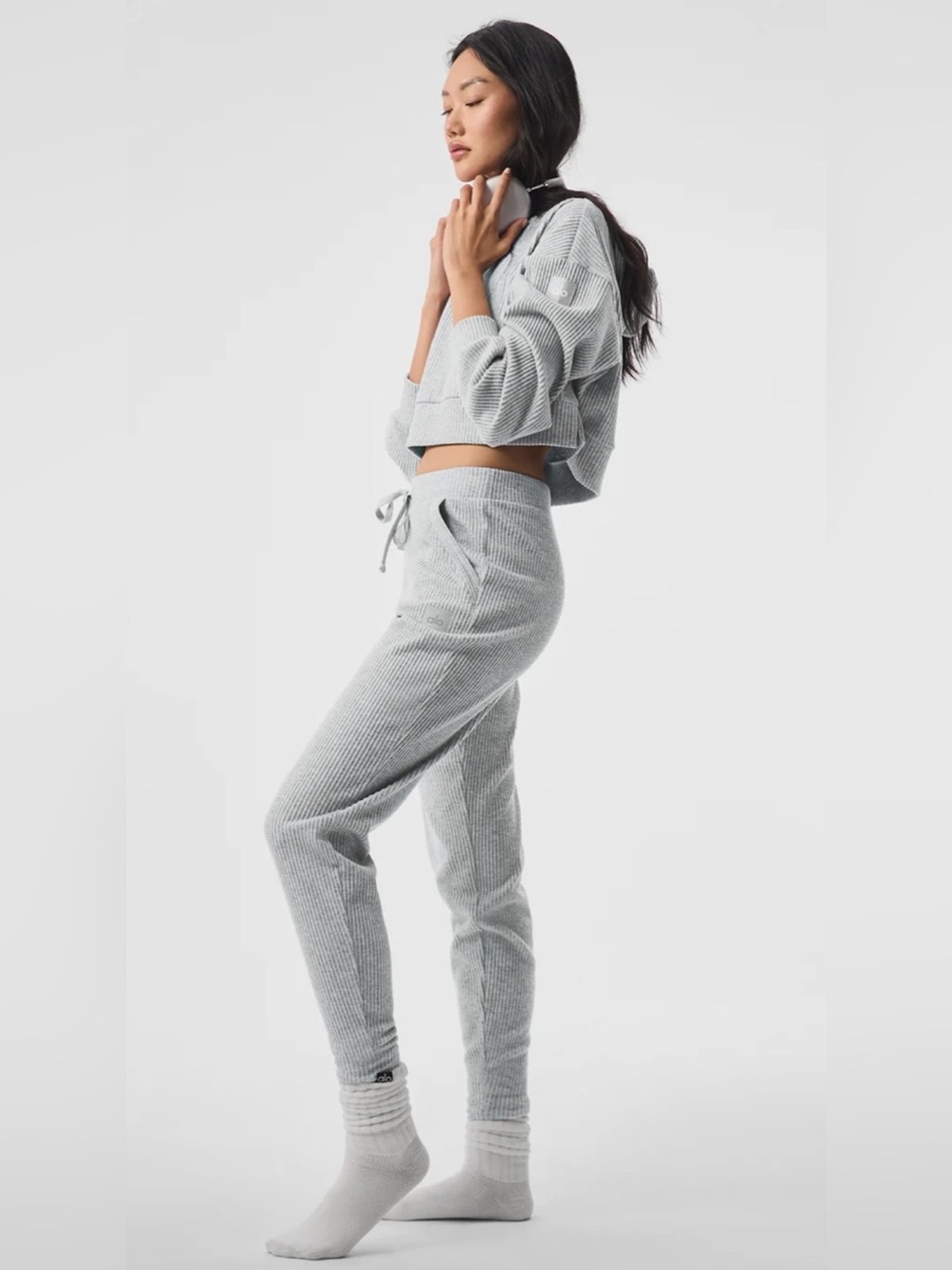 Alo Yoga Muse Ribbed Hoodie and Sweatpants Joggers Set in Athletic Heather Grey
